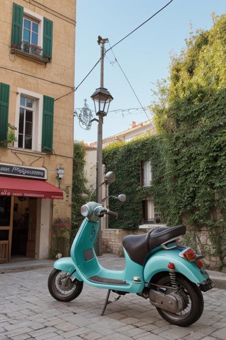 a cartoon of Matt Bors, an old bakery building with a motor scooter in front of it, in the style of romantic charm, mediterranean-inspired, villagecore, sacricore, romantic atmosphere, absinthe culture, antique influences