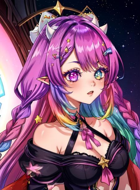 best quality, (masterpiece),(ultra-detailed), (high quality), (high resolution),<lora:add_detail:0.7> ,  <lora:Emberlith2:0.7>,emberlith, long hair, hair ornament, purple hair, multicolored hair, star (symbol), purple eyes, gradient hair, horns, heterochromia, pointy ears, braid, pink hair