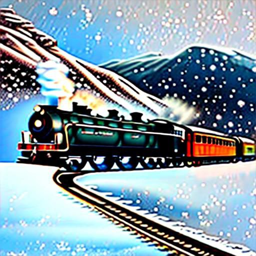 Retro looking black steam engine train travelling along icy tracks up high in the snowy mountains, snow, ice, comfortable train, ice and snow covered mountains, up high, rocks