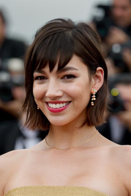 Realistic photo of a beautiful ursul4c-v1 woman, 1girl, solo, breasts, looking at viewer, smile, short hair, brown hair, dress, bare shoulders, brown eyes, jewelry, upper body, earrings, teeth, sleeveless, mole, grin, blurry, black dress, lips, depth of field, blurry background, freckles, mole on breast, realistic, nose, mole on cheek, soft lighting, professional Photography, Photorealistic, detailed, RAW, analog, sharp focus, 8k, HD, DSLR, high quality, Fujifilm XT3, film grain, award winning, masterpiece<lora:ursul4c-v1:1.0>