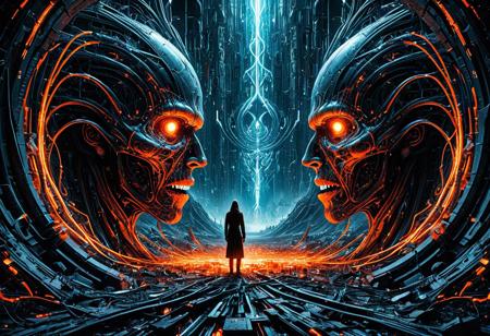 (masterpiece, best quality, ultra-detailed, photorealistic, 8k, RAW photo, absurdres, high resolution, sharp focus, intricate details, realistic textures, volumetric lighting, dramatic lighting, cinematic composition, digital painting, dark fantasy, highly complex), A split digital landscape, precisely divided into two opposing realms: half serene and half chaotic. On the left, a luminescent blue and white futuristic archive of infinite data unfolds. This side features ethereal figures composed of pure light, gently floating memory capsules, and majestic digital angelic beings, creating an atmosphere of cosmic order. On the right, a dark, infernal wasteland rages. It's filled with glitchy, fragmented visuals, intense red-orange flames, distorted screaming faces trapped within shattered computer screens, corrupted data streams, and monstrous, grotesque forms forged from warped social media icons. This side embodies digital chaos and despair. In the absolute center, a massive, omnipresent all-seeing eye, intricately constructed from glowing wires and luminous code, observes both realms with chilling intensity. A lone human figure, visibly torn and pulled apart, stands precariously between these two clashing realities. The image should be a masterpiece of digital surrealism, drawing inspiration from the unsettling styles of H.R. Giger and Zdzisław Beksiński.
