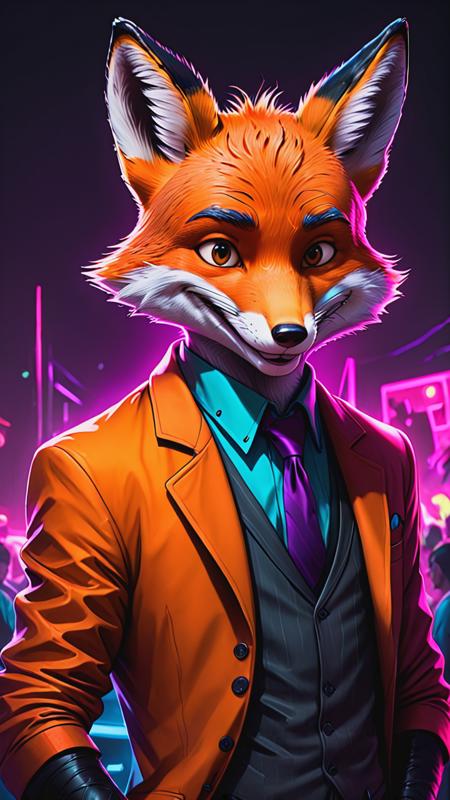 cyberpunk, line art, cartoon style, a mr.Fox, disney cartoon network, dark noir, horror, evil smile, at a rave party, neon, realistic, cartoon network character, comic painting, bold lines,  <lora:mr.Fox:0.8>