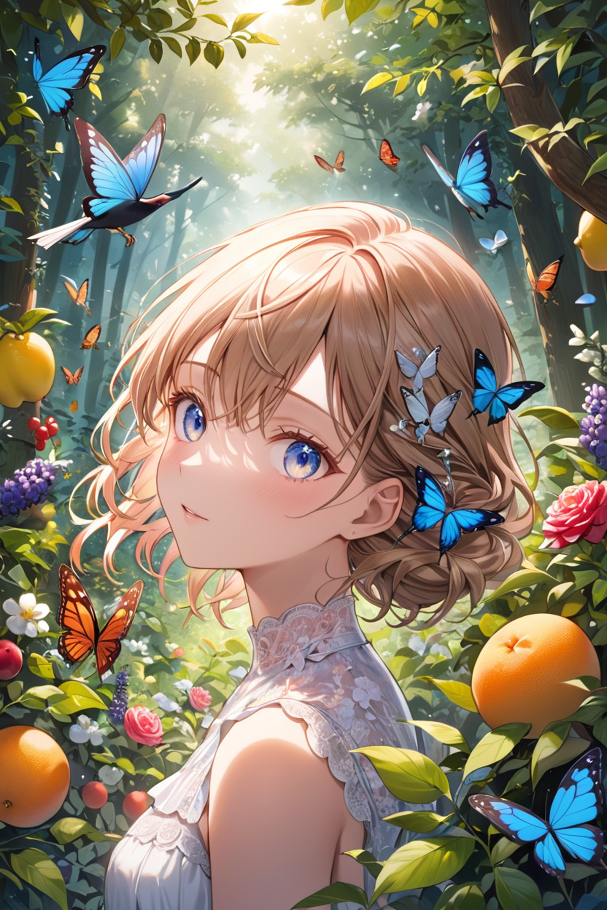 portrait, masterpiece, best quality, ultra-detailed, floating, beautiful detailed eyes, detailed light, fruits, flowers, c...