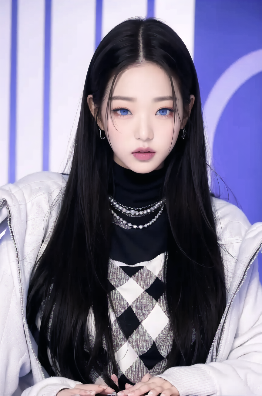 <lora:wonv1A:0.7>, Jang Wonyoung, 1girl, argyle, artist name, black hair, blue background, blue eyes, checkered, checkered...