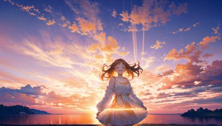 (1girl,standing,under,the beautiful sunset,clouds,blowing in the wind,white dress,smiling,peaceful,expression,happy,serene,romantic,atmosphere,feeling,dreamy,tranquil,freedom,hope,enjoying the moment,solo,outdoor,natural beauty:1.1),(orange sky,pink clouds,golden rays,hair,magical,scenic view:1.2)
 <lora:mocha2:0.8>