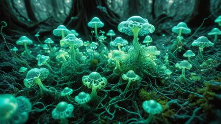 alien forest, vivid color, (bokeh), dynamic camera angle, (made of swirling glowing clouds:2),  (made of tiny green glowing neon glass filaments:1), <lora:World_of_Glass_Filament:1>  <lora:sdxl_mythicalclouds:1> delicate, lace doily, mushrooms, fungus, sails, domes, tendrils, slime_mold, Physarum polycephalum streaming along as it forms a plasmodium with many nuclei without individual cell membranes,