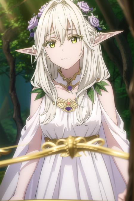 forestprincess, <lora:forest princess s2-lora-nochekaiser:1>,
forest princess, long hair, hair ornament, hair between eyes, (yellow eyes:1.3), white hair, flowers, pointy ears, hair flower, rose, hair intakes, elf, smile,
BREAK dress, collarbone, white dress,
BREAK outdoors, trees, forest, sky, grass, clouds,
BREAK looking at viewer, (cowboy shot:1.5),
BREAK <lyco:GoodHands-beta2:1>, (masterpiece:1.2), best quality, high resolution, unity 8k wallpaper, (illustration:0.8), (beautiful detailed eyes:1.6), extremely detailed face, perfect lighting, extremely detailed CG, (perfect hands, perfect anatomy),