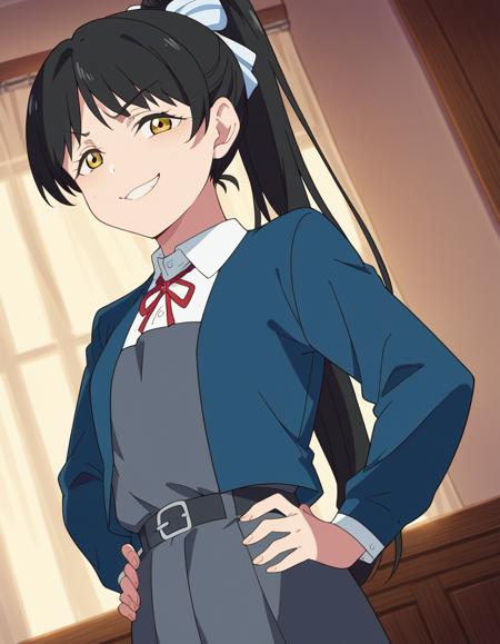 <lora:ren-hazuki-s2-ponyxl-lora-nochekaiser:1>, ren hazuki, long hair, bangs, black hair, bow, yellow eyes, ponytail, hair bow, high ponytail, shirt, dress, ribbon, school uniform, jacket, white shirt, open clothes, collared shirt, open jacket, red ribbon, neck ribbon, blue jacket, pinafore dress, grey dress, yuigaoka school uniform,