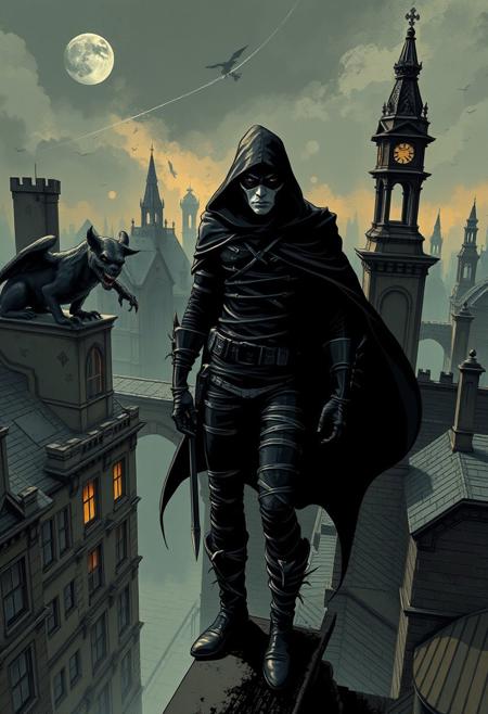 A masked vigilante in a stitched-up costume, standing on the edge of a crumbling gargoyle-laden rooftop, the wind bending the architecture unnaturally. gothic noir-inspired illustration with bold high-contrast chiaroscuro, surreal exaggerated figures with elongated skeletal proportions, dark twisted architecture merging gritty urban streets with gothic fairytale elements, cinematic dramatic lighting with eerie whimsical undertones