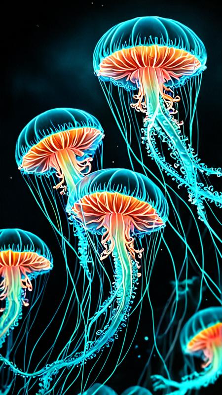 novuschroma70 style neon Jellyfish fractal, A serene group of light blue jellyfish floats gracefully in the pitch-black depths of the ocean, its delicate long tentacles trailing behind it like an intricate lace. A dramatic and unusual scene. A world of beauty. Vintage style with retro filter. Toning effects for Instagram, breathtaking photos. <lora:novuschroma70 style_:1.4>