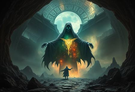 A universe inside a dark cloaked figure within mysterious landscape in an unfathomable realm of fantastic creation inhabited by ancient shadows of a forgotten time beyond the gate of the gateless gate where life is limitless, light is shadow and shadow is light, eerie sense, horror, spark of the beginning, existence and nonexistence at once, ethereal, outstretched arms, behold the end of the beginning, inglorious glory to the dark one, betrayal of the ancient order, beware the 7headed beast, destroyer of the old ways, bearer of the unbearable, nightmarish, archaic runes, tree aging backwards, breath of the gods, ruins of a place unimagined, extreme intricate detail, photorealistic, beyond epic scene, fate discarded, unseeable face of god, the end is the beginning, the beginning is the end, man arises as god dies, as above so below, as below so above, emerald tablet, thoth, guardian and saboteur of existence, hopeless hope, ghosts of the unborn, conception of the inconceivable, cosmic well of imperceptible perception, evil aura, infinite emptiness, pillars of void, overwhelming subtlety, abstract sacred geometry, beams of readiness without intention, gift of doom, despair of the ages, hidden secret warnings from dead gods, carved by the conductor of unholy loneliness of time incarnate, consumed by the night itself, beautiful tragedy of hellish discovery, unraveling mist of unreal reality, philosophers stone