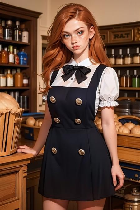 masterpiece, best quality, <lora:age_slider_v20:1>  <lora:detail_slider_v4:2> 1girl, 0v3ralldr3ss, shirt, dress, bow, short sleeves, puffy sleeves, black dress, puffy short sleeves, buttons, double-breasted, pinafore dress,<lora:0v3ralldr3ss:0.7> <lora:Fr3ckles:0.8> Fr3ckles, freckles, long hair, ginger hair, solo, standing,