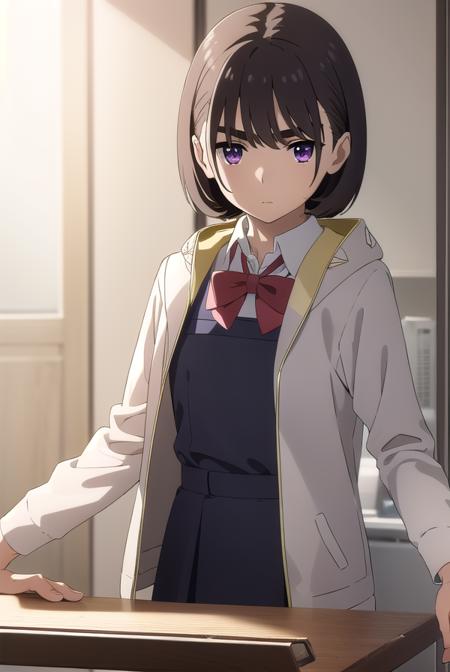 aoiaioi, <lora:aoi aioi movie-lora-nochekaiser:1>,
aoi aioi, short hair, black hair, red eyes, purple eyes,
BREAK shirt, dress, bow, school uniform, jacket, white shirt, collared shirt, hood, bowtie, red bow, red bowtie,
BREAK indoors, classroom,
BREAK looking at viewer, (cowboy shot:1.5),
BREAK <lyco:GoodHands-beta2:1>, (masterpiece:1.2), best quality, high resolution, unity 8k wallpaper, (illustration:0.8), (beautiful detailed eyes:1.6), extremely detailed face, perfect lighting, extremely detailed CG, (perfect hands, perfect anatomy),