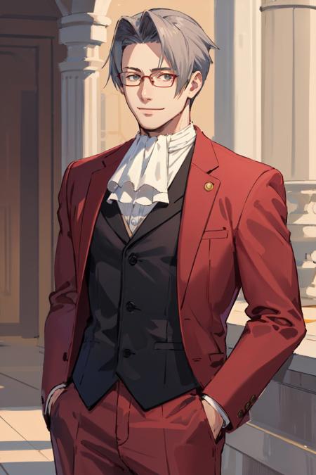 (masterpiece, best quality:1.2), <lora:aa_dp-11:1.0>, cowboy shot, solo, male focus, 1boy, miles edgeworth, smile, closed mouth, looking at viewer, hand in pocket, grey hair, parted bangs, glasses, formal, red suit, ascot, vest