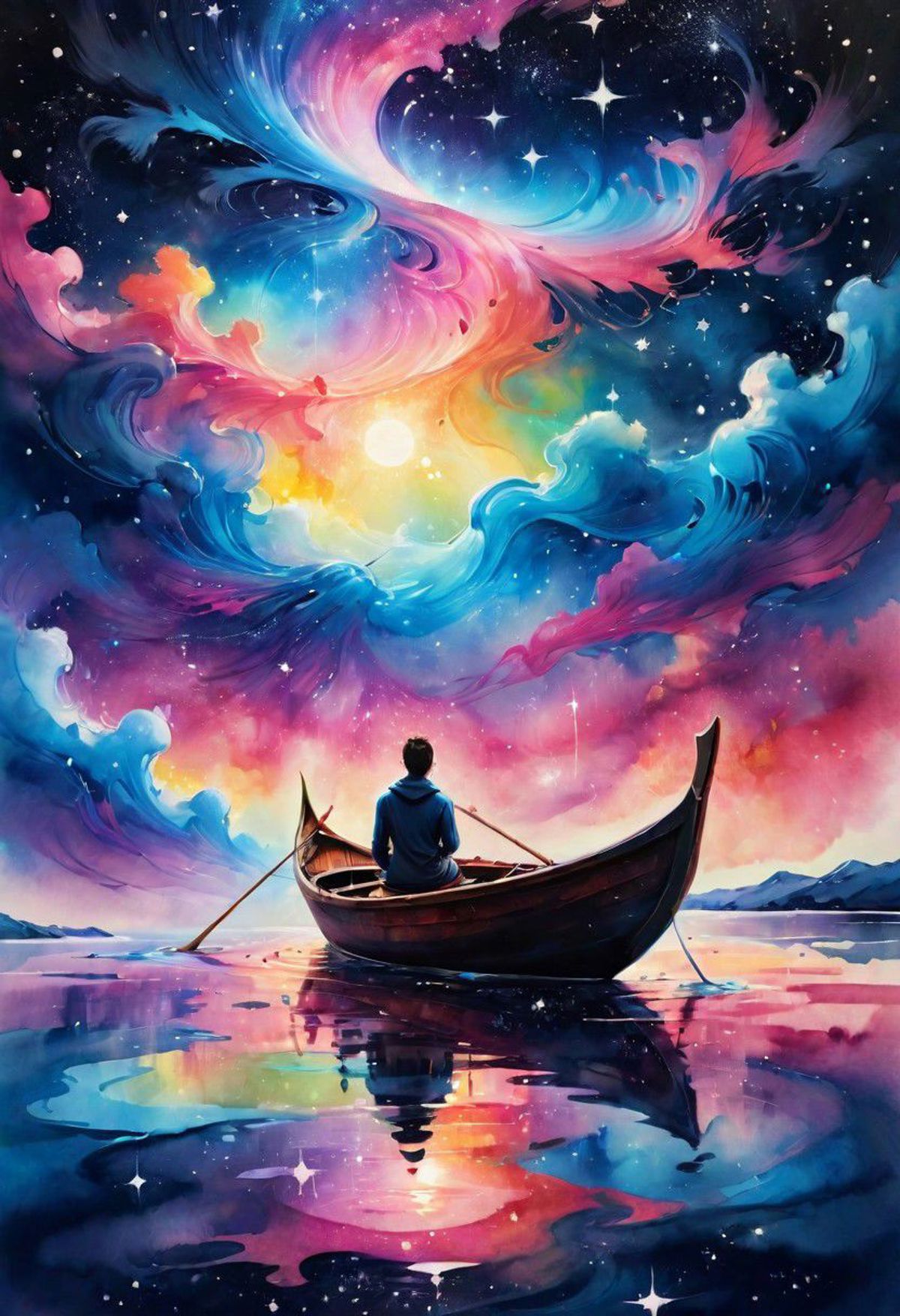A man rowing a boat in a starry sky at night.