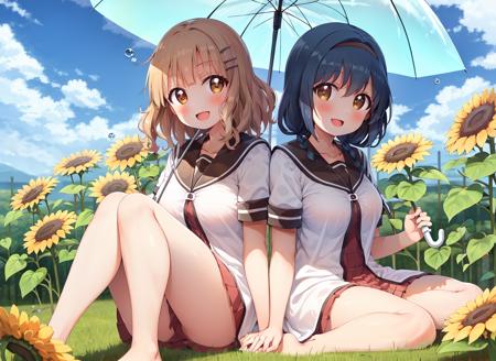 masterpiece, best quality, ultra-detailed, illustration,  <lora:furutani_himawari-v14:0.9>, furutani_himawari, oomuro sakurako, 2girls, :d, barefoot, blonde hair, blue hair, blush, breasts, brown eyes, cloud, collarbone, day, dress, flower, hair ornament, hairband, hairclip, holding, holding umbrella, large breasts, looking at viewer, multiple girls, nanamori school uniform, open mouth, sailor dress, school uniform, serafuku, shared umbrella, sitting, sky, smile, sunflower, umbrella, water drop, takahero, low twin braids, medium hair