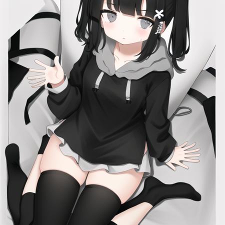 <lyco:last-000032:1.0>, osage, inabakumori, monochrome, hoodie, black thighhighs, looking at viewer,