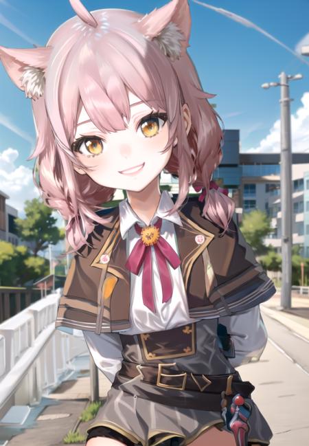 masterpiece, best quality, 1girl, <lora:ace_taffy_v2-000012:1.1> ,
ace_taffy_v2_p,black thighhighs,  yellow eyes, pink hair, brown capelet, upper body, grin, head tilt, blurry background, school, arms behind back,