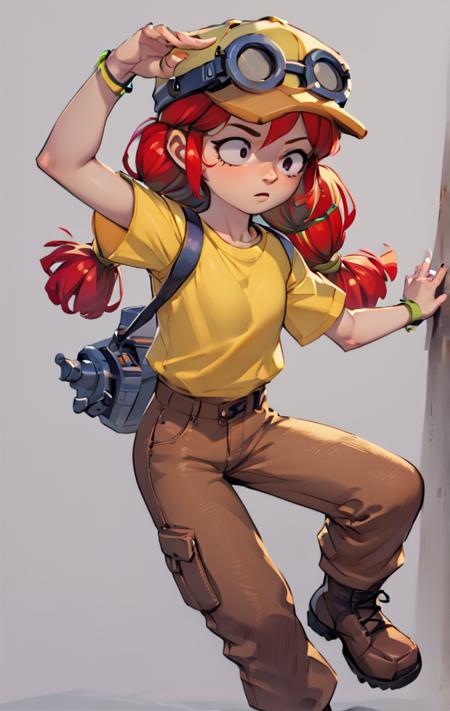 1 girl ,bsjessie , red hair  ,pigtails   ,yellow baseball cap , goggles , yellow shirt , brown pants , boots belt ,  Short sleeves  bracelet