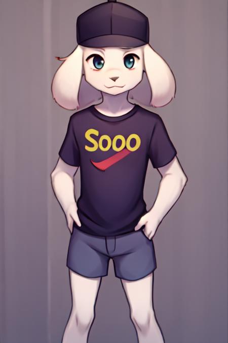 solo, 1boy, <lora:ssasriel-3:1>, anthro, t-shirt, shorts, hat