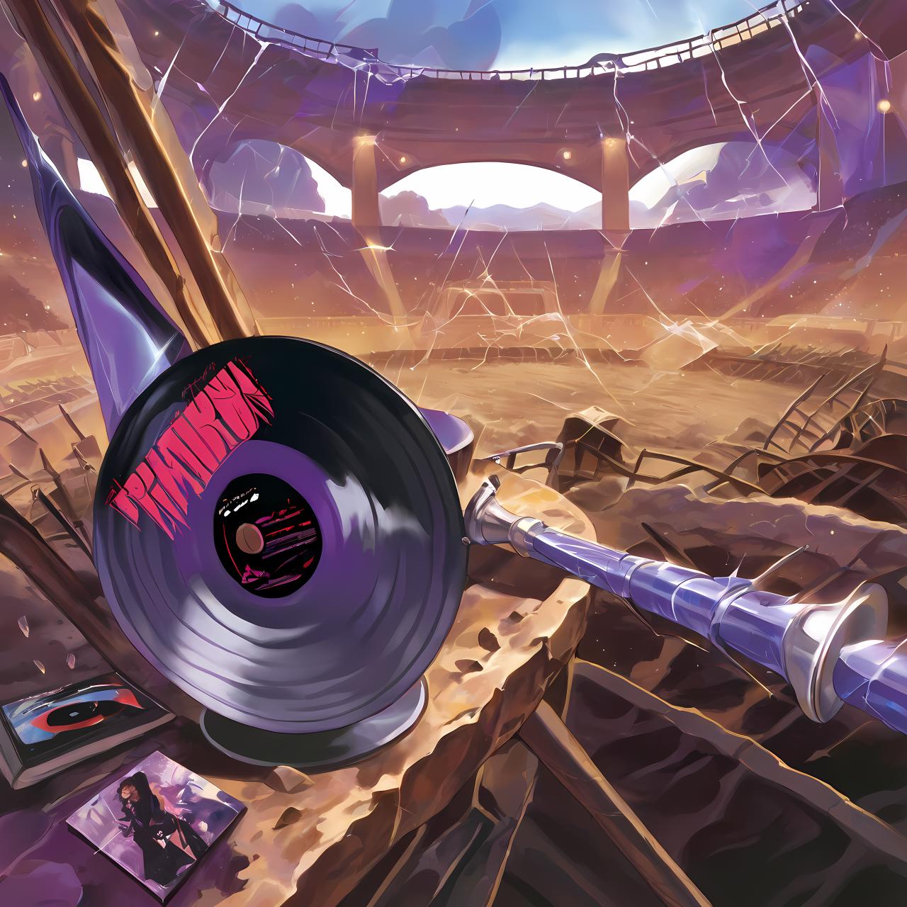 vinyl album, vinyl, record jacket, vinyl cover, vinyl cover from 1990s,  album cover art, top-rated, top - rated, 90s, album art, 

 mostly purple ,

 abstract ,

 instruments ,

 view ,


gladiator arena, roaring crowd, dusty ground, shattered weapons, 