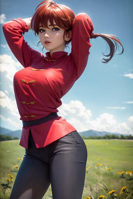 HDR, CG, sharp focus,(8k), (4k), (Masterpiece), (Best Quality), fantasy, extremely detailed, intricate, hyper detailed, (perfect face), soft lighting, (specular lighting:1.2), highres, absurdres, (realistic:1.2), (photorealistic face:1.2), ranma-chan, 1girl, solo, blue eyes, bangs, tangzhuang, braided ponytail, sleeves rolled up, black pants, black footwear, standing, sky, day, grass, arms behind head, cowboy shot,  arms behind head