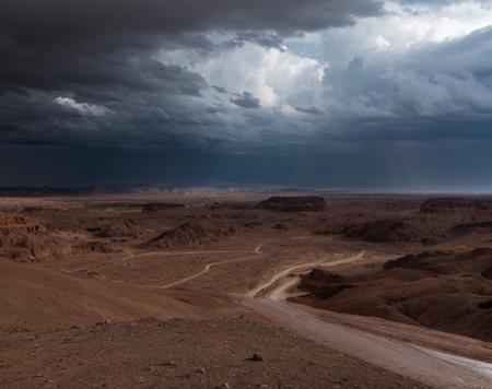 rainy desert, landscape, view from high height, 18 mm lens, f/2, sharp focus, great image detail, cinematic lighting, ray tracing, ssao, HDR,