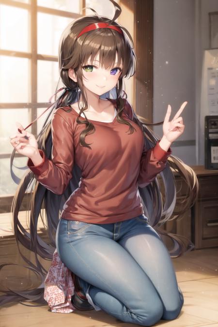 ryoubi \(senran kagura\), jeans, heterochromia, shirt, small breasts, hairband, brown hair, white pupils, smile, indoors, <lora:ryoubi-07:0.6>