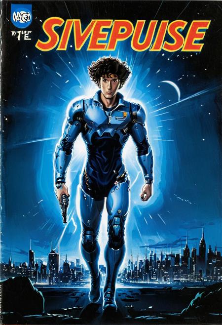 Vintage comic book cover in the Pete Hawley style, men chasing in background, Spike Spiegel running, future city sidewalk, confident expression, ((SilverPulse)), sci-fi, space punk, prosthetic arm, BREAK, 
with the ornate text logo: "Okay, three, two, one, let's jam!"