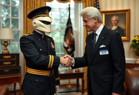 classic cobra commander in an immaculate military dress uniform posing for photo shaking hands with president clinton of the united states in sharp suit inside the oval office, real photograph, gi joe, photorealistic, correct hands, correct fingers, presidential seal, vote button, campaign photo, election, elegant scene