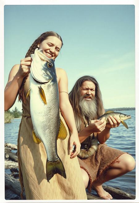 Vintage Polaroid, best quality, 20yo paleolithic woman with braided hair, she’s holding a large walleye vertically, laugh on face, with a 45yo, (Paleolithic man, crying expression,long hair, short beard), (holding  a tiny minnow vertically), on lakeshore, clothed in deerskin tunic that cover shoulders, realistic skin textures