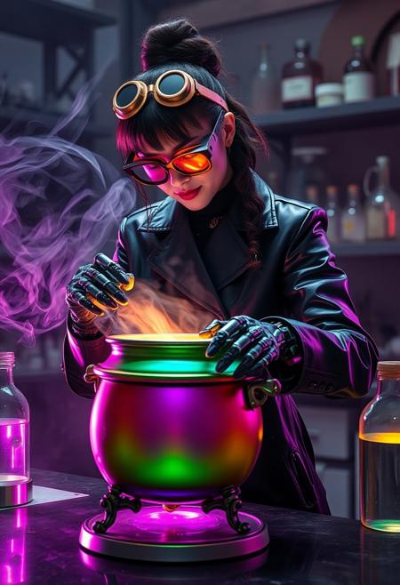 A femme fatale in a science lab, wearing black rubber overcoat, robotic hands, and brass goggles, works on a rainbow cauldron on a table, steampunk, cyberpunk, hyper-maximalism, rainbow iridescent smoke