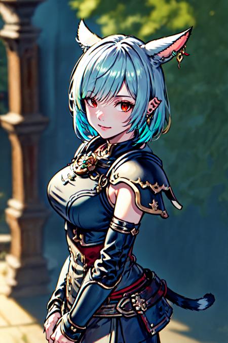 solo, looking at viewer, short hair, red eyes, 1girl animal ears, jewelry, standing, multicolored hair, cowboy shot, earrings, green hair, cat ears, armor, hair over one eye, blurry, two-tone hair, blurry background, facial mark, shoulder armor, gauntlets, pauldrons, breastplate, vambraces, miqo'te, cat girl,  neck tattoo, avatar (ff14), vivid colors, specular highlights, fxaa, dynamic angle,