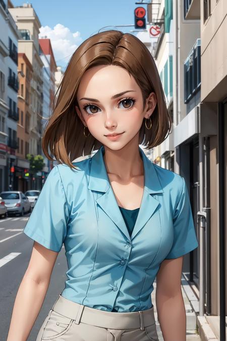 masterpiece, best quality, <lora:kinue-nvwls-v1-000009:0.7> kinue, earrings, blue shirt, short sleeves, capri pants, upper body, city street, looking at viewer, smile