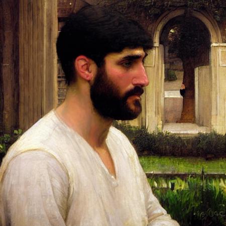 <lora:Waterhouse_paintings_model:1>  Man with realistic face at city in the style of painting of Waterhouse