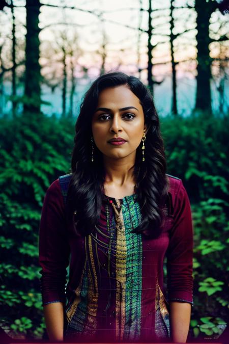 ShraddhaSrinath, art by Justin Gaffrey, photograph, Biomechanical Nasty Girl, Matte The Mirkwood Forest in background, at Blue hour, Bokeh, dtx, film grain, Polaroid, L USM, dreamy,  <lora:ShraddhaSrinathSD1.5:1>