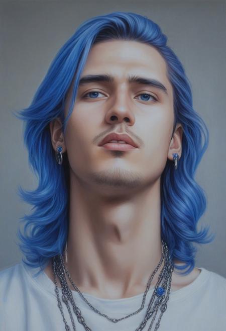 Realistic soft oil painting, 
a very handsome man with a delicate face, 
18 years old with bright blue long hair dyed in a rich color. Looking up and away, 
the man wears several pieces of jewelry, 
including earrings and necklaces. Two necklaces are visible on the neck: one with large beads and pendants in the form of various figures, 
and the other is a metal chain. The background of the image is a theater studio, 
and the person's clothes consist of purple and blue elements