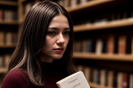 A pretty and beautiful North European young woman, happy, supermodel look, light brown hair, long wavy shiny hair, pale skin, slim eyebrows, perfect face, small nose, big blue eyes, slim red lips, big tits, nice breasts, cleavage, travelling outfit with small dress, she is reading a book in a quiet librarya lot of bookshelves around and backround (in bokeh effect). Bright lights, epiCPhoto, UnrealisticDream, <lora:pytorch_lora_weights:0.6>, <lora:picxer_real:0.4>, <lora:FilmVelvia3:0.3>, <lora:more_details:0.9>