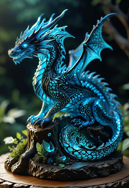This exquisite high-resolution digital artwork presents a fragile, transparent obsidian and bioluminescent crystal glass sculpture of a dragon gracefully positioned atop a weathered tree stump. The mesmerizing dragon is adorned with bioluminescent markings, and its scales glisten with intricate details, showcasing a remarkable level of craftsmanship. The dragon's eyes are meticulously designed with filigree work, while its supermaximal, glowing skin exudes an ethereal charm. The artwork is imbued with a magical aura, featuring shimmering, sparkling elements, extreme contrast, and vibrant saturation. This exceptional-quality fantasy piece showcases the artist's mastery of captivating details and enchanting, supernatural beauty.