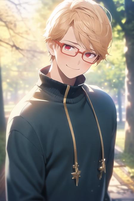 masterpiece, best quality, photorealistic, 1boy, solo, male focus, looking at viewer, upper body, , <lora:eita_sasaki:0.66>, eita_sasaki, glasses, blonde hair, red eyes, decade costume, The Enchanted Forest, 12k resolution