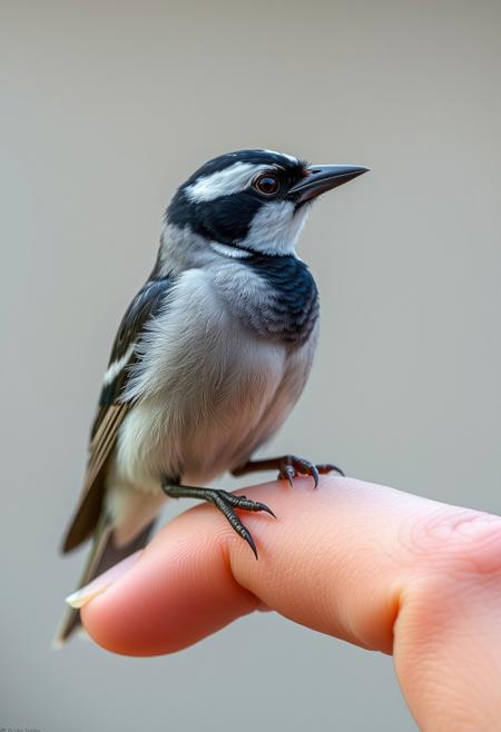 a photorealistic image of java sparrow on human's finger, from side, 4K,hires, absurdres,