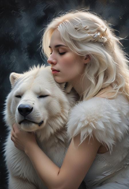Impressionist painting, closeup of a young woman with white long hair hugging her huge fluffy white ice bear, closed eyes, contrast between love and distance, aesthetic bokeh dark gray background. Loose brushwork, play of light and shadow,  masterpiece, award winning,