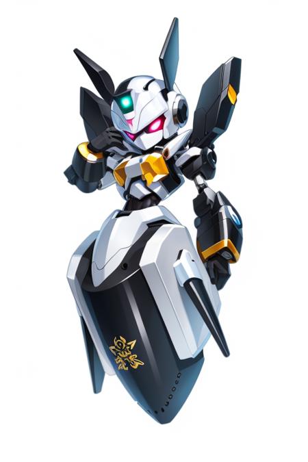 A white and black Medabot with gold trim, no mouth with glowing eyes, chibi style, high detail, simple background, <lora:MedabotLoraV1TrainedTest:1>