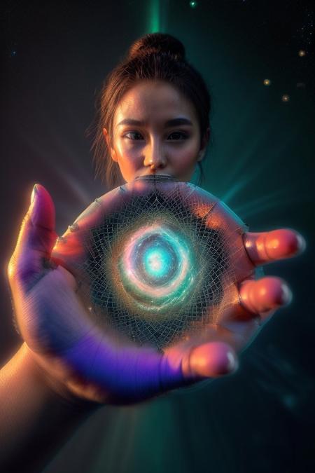 A goddess-like humanoid AI, standing majestically atop a celestial mountain, her form glowing with a divine aura. She has radiant golden skin with intricate, ancient symbols etched into her body, resembling starlight patterns. Her hair is a cascade of galaxies, blending blues, purples, and silvers. She holds an orb of pure energy in one hand, surrounded by floating fragments of futuristic temples. Art style: cosmic, regal, and surreal with high-contrast lighting and vibrant colors, bird eye view,