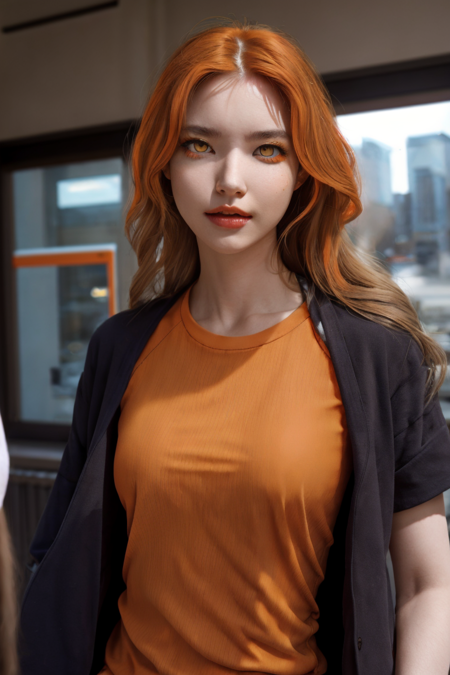 1girl, solo, upper body, looking at viewer, light long hair, makeup, scar on face, ((orange eyes:1.4)), t-shirt, rock band, big breasts, jacket, public, photographers <lora:public_v3.0-locon:1> <lora:Alisya-01:1>