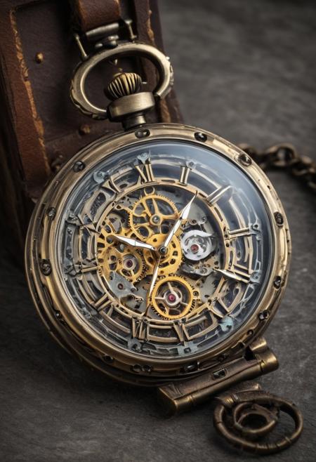 A close-up of a rusty, vintage wristwatch replacing a classic pocket watch in a steampunk setting. The watch has intricate brass gears, a cracked glass face, and oxidized metal, giving it an aged and weathered appearance. The leather strap is cracked and worn, showing the passage of time. The background features a dimly lit Victorian-style workshop with steam pipes and flickering lanterns, enhancing the steampunk aesthetic. Dramatic lighting with warm, golden highlights.