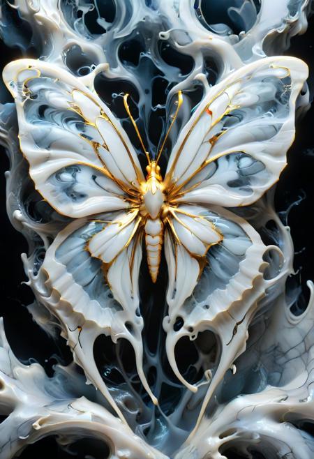 hyper-detailed, biomechanical butterfly with wings that appear almost porcelain-like, transitioning from a pure, ghostly white at the center to inky black at the tips, adorned with fine, golden veins that glow faintly. The insect’s thorax and lower body morph into an intricate mass of elongated, sinewy tendrils resembling neural pathways or delicate roots, cascading downward into an abyss of darkness. The background consists of an ethereal, almost liquid expanse of swirling white and gray textures, resembling flowing marble or organic tissue, infused with an enigmatic, glowing energy. The butterfly exudes an eerie yet mesmerizing presence, as if it is a celestial being suspended between worlds, both fragile and powerful in its surreal elegance.