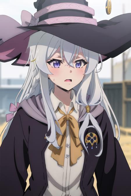 best quality, masterpiece, highres, solo, {elaina_majonotabitabi:1.15}, long_hair, bangs, hair_between_eyes, blue_eyes, closed_mouth, grey_hair, bow, white_hair, hat, witch_hat, black_headwear, purple_eyes, 1girl, blurry_background, bowtie, braid, collared_shirt, hair_bow, hair_tubes, neck_ribbon, outdoors, ribbon, shirt, single_braid, white_shirt, blurry, pink_bow, portrait, brown_bow, dirty, dirty_face, open_mouth, ahoge, flower, upper_body, yellow_ribbon, anime_coloring, dirty_clothes