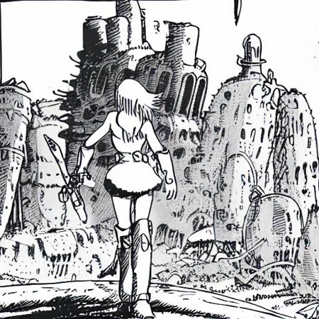 NauSKaaValOfWi,  monochrome, greyscale, fine lines ((detailed 1girl from behind in short skirt, stockings belt boots tank top long hair seen from behind)) staining In front of ruins, destroyed overgrown epic dystopia industry city see from the gerund, looking down a long highway, apocalyptic sky