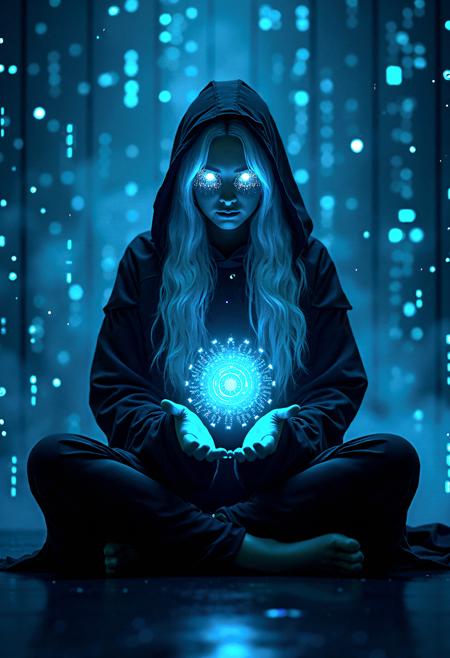 Photorealistic photography of a Tech priestess, A circuit embedded hooded person with with intricate cybernetic pupils on her eyes, looking at viewer, her white hair glowing in the dark, with blue binary code floating around in a digital world. Seated cross-legged on the floor, surrounded by floating data streams. Hands forming a round shape, with a glowing symbol in the center. a bunch of random numbers and binary code floating around her













